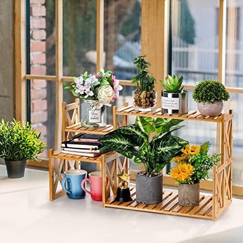 Lawei 2 Tier Bamboo Tabletop Plant Stand, Adjustable Flower Pot Holder Shelf Planter Display Stand, Small Desktop Ladder Plant Rack for Indoor Outdoor Home Patio Lawn Garden Balcony Organizer - Image 6