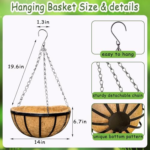 4pcs 14 inch Metal Hanging Baskets Round Wire Plant Stand with Coco Lining Cushion Decorative Planter Hanger Garden Indoor Outdoor Watering Hanging Basket （BT） - Image 4
