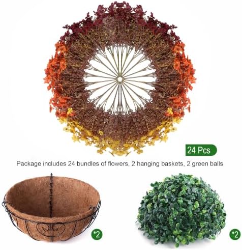 HyeFlora 2 Set Artificial Outdoor Faux Fall Mums Hanging Flowers Plants Basket Outside, 14 Bundles Fake Silk Daisy Fern in Planter UV Resistant for Autumn Porch Balcony Patio Yard Decor, 3 Colors Mix - Image 2