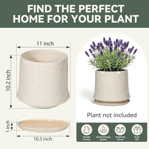 11 Inch Ceramic Planter Pot with Saucer Drainage Leak-Proof Mesh,Flower Pots for Lavender with Gardening Gloves,Ceramic Planter for Orchid(Silk White) - Image 6