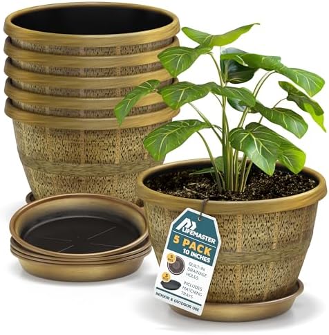10-Inch Whiskey Barrel Planters Outdoor Pack of 5 - Durable Plastic Plant Pots for Indoor & Outdoor Use with Drainage & Saucer, Lightweight Rustic Barrel Planters for Flowers, Herbs & Small Plants by LIFEMASTER