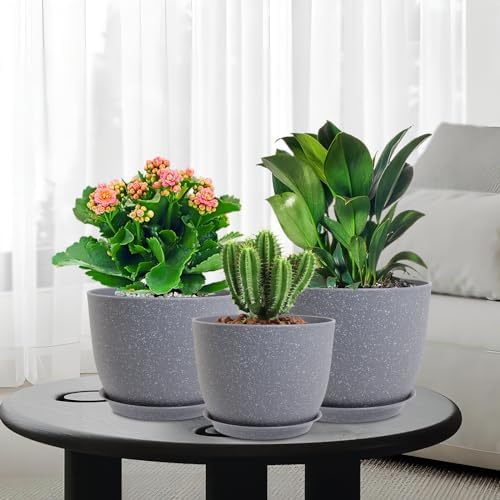 WSMKSZ 12/10/9 inch Large Plant Pots, 3 Pack Modern Decorative Plastic Planters with Drainage Holes and Saucer for House Garden Plants, Flower Pots for Indoor Outdoor Plants, Speckled Grey - Image 7