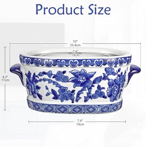 Blue and White Ceramic Planter Pot – Vintage Floral Oval Cachepot Vase for Indoor Plants, Flowers & Succulents – Glazed Chinese Porcelain Style Decorative Bowl – 7.4" Size – No Drainage - Image 2