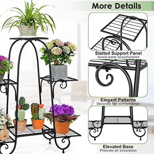 S AFSTAR 6-Tier Metal Plant Stand, Heavy-Duty Plant Display Stand Rack w/ Adjustable Footpads, Slatted Support Panel, Elevated Base, Decorative Flower Potted Holder Rack for Balcony, Living Room, Easy Assembly - Image 6