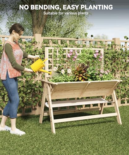 GarveeHome 52x30x54 in Raised Garden Bed with Legs, Elevated Wooden Raised Planter Box with Vine Climbing Trellis Outdoor Standing Growing Bed for Growing Vegetables Flowers Herbs - Image 3