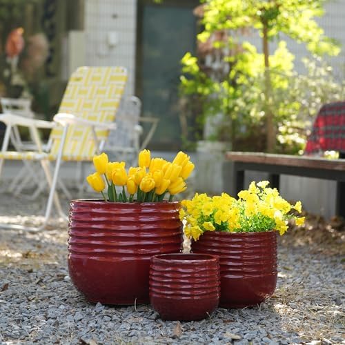 Handmade Glazed Ceramic Planters Set of 3, Large Flower Pots, Red - Image 4