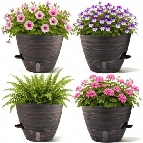 ZMTECH 10 Inch Self Watering Pots for Indoor/Outdoor Plants, 4 Pack Bronze Large Plastic Planter with Water Level Indicator, Drainage Hole & Removable Saucer for Garden Flowers, Deco Plant Container by HighQualityGardeningTools