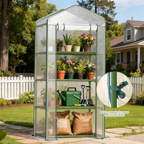 4 Tier Mini Greenhouse, 27 x 19 x 62 Inch Portable Green House with PVC Cover and Steel Frame for Indoor Outdoor Plants, Seedlings, Herbs, Vegetables - Image 7