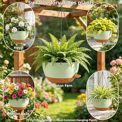 12" Self Watering Hanging Planters with Chains, Green Brown，2 Pack - Image 6