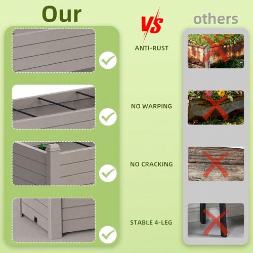 Vixzen Raised Garden Bed Resin Planter Box with Wood Grain Finish, Lockable Wheels, Support Poles & Bottom Storage Shelf, Built-in Drainage for Outdoor Vegetables Flowers (Light Brown) - Image 6