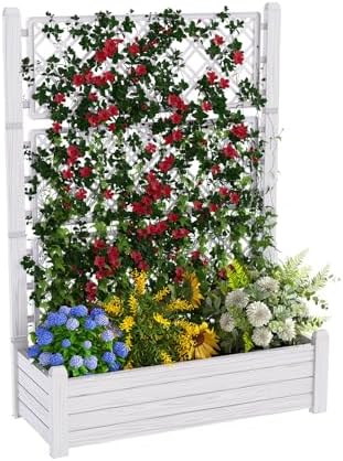 Elevated Raised Garden Bed with Trellis,Resin Planter Boxes Outdoor for Backyard Balcony,Large Patio Planter Box for Herbs Flowers Vegetables(Ashen) by ASKPASS