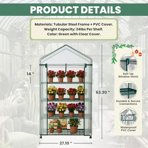 4 Tier Mini Greenhouse - Portable Greenhouse with Locking Wheels and PVC Cover for Indoor or Outdoor Green House by Pure Garden - Image 5