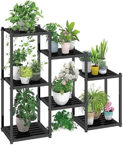 Simple Trending Plant Stand Indoor Outdoor, Heavy Duty Metal Waterproof 7 Tiered Plant Shelf for Multiple Flower Planter Holder Tall Large Rack, Black by SimpleTrending