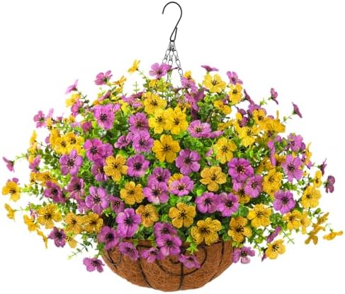 Artificial Hanging Flowers Basket for Outdoor, UV Resistant Plants Daisy by ZFProcessArtificialFlowers