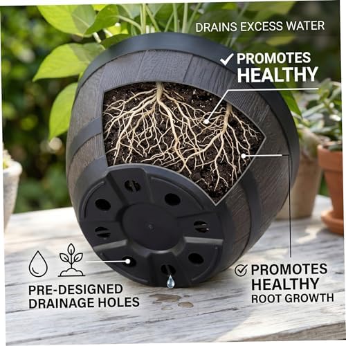 Barrel Planter 9 inch Whiskey Barrel Planter Plastic Plant Pot with Pre drilled Drainage Holes for Garden - Image 2