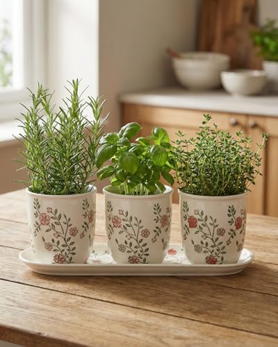 vensovo Ceramic Planter Set with Tray, 3 Small Herb Pots, Green Leaf - Image 6