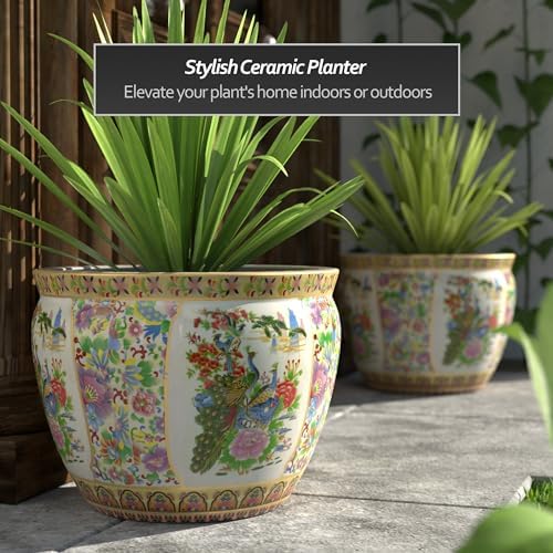 Red Lantern Large 20" Satsuma Birds & Flowers Porcelain Fishbowl Planter - Image 2
