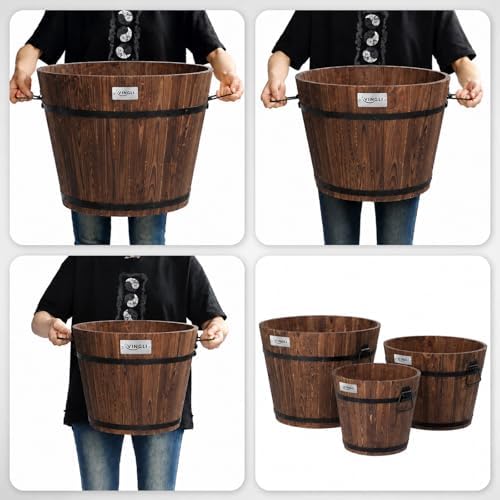 VINGLI 3 PCS Large Wooden Planter Barrel Set, 11.5"(Dia)- 18"(Dia) Real Wood Indoor/Outdoor Flower Pot w/Drainage Holes, Different Sizes, Large Garden Container Box - Image 2