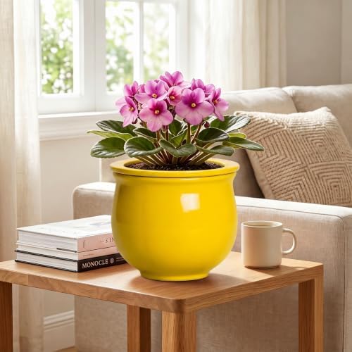 8 Inch SelfWatering Plant Pots, Ceramic Flower Pots, Yellow - Image 3