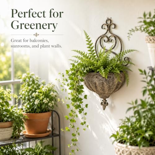 Vintage Wall Hanging Planter with Ornate Scrollwork, Distressed Rust Iron Wall Mount Flower Pot, Rustic Farmhouse Ribbed Wall Planter for Indoor Outdoor Porch Entryway Garden Wall Decor(A3077) - Image 6