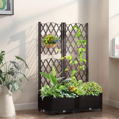 Raised Garden Bed with Trellis, Outdoor Free-Standing Trellis Planter Box with Drainage Holes, Privacy Planter for Patio, Above Ground Elevated Garden Bed for Outdoor Climbing Plants Vines (Brown) - Image 4