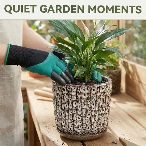 10 Inch Ceramic Planter Pot with Saucer Drainage Leak-Proof Mesh,Flower Pots for Indoor Plants with Gardening Gloves,Ceramic Planter(Spotted-White) - Image 5