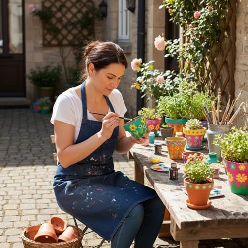 6 Sets DIY Flower Pot Painting Kit 6 White Terracotta Flower Pots with Saucer Planting Gardening Tools 12 Color Acrylic Paints Set Plant Growing Crafts Spring Garden Gift - Image 5