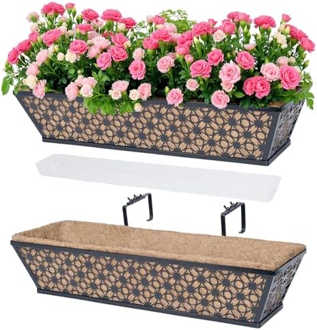 hehimhis 24 Inch 2 Pack Railing Planter Box with Adjustable Bracket,Window Planter Boxes Outdoor for Porch,Balcony Planters Railing Hanging,Fence,Patio Hanging Planters for Garden by Hehimhishome
