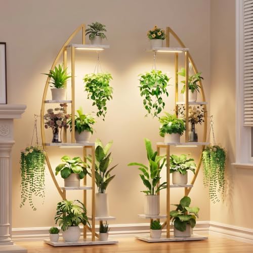 BACEKOLL Plant Stand Indoor with Grow Lights, 6 Tiered Tall Plant Shelf, 63" Metal Plant Stand for Indoor Plants Multiple, Half-Moon Plant Rack Display Shelf, 2 Pcs Plant Holder for Living Room (Faux Marble White + Gold) by BACEKOLL