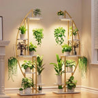 BACEKOLL Plant Stand Indoor with Grow Lights, 6 Tiered Tall Plant Shelf, 63" Metal Plant Stand for Indoor Plants Multiple, Half-Moon Plant Rack Display Shelf, 2 Pcs Plant Holder for Living Room (Faux Marble White + Gold) by BACEKOLL