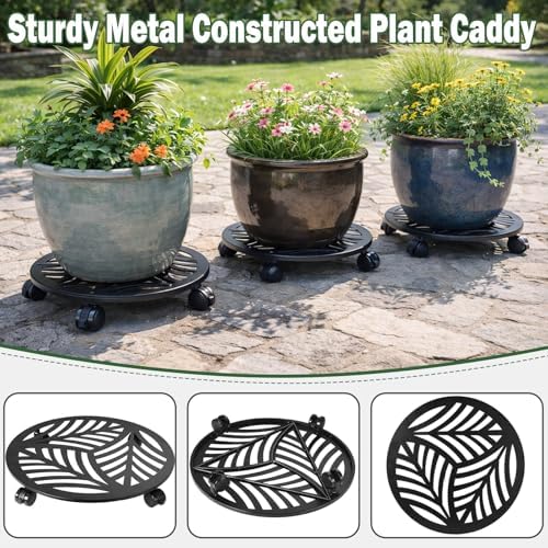 3 Packs Large Metal Plant Caddy with PU Wheels 15" Heavy-Duty Wrought Iron Rolling Plant Stands Indoor Outdoor Wheeled Plant Dolly Planter Mover Rollers Plant, Leaf Style - Image 5