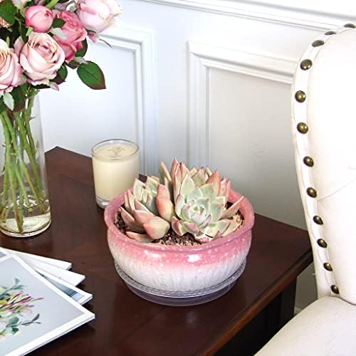 8 Inch Succulent Pot with Drainage and Saucer Glazed Terracotta Round Ceramic Succulent Planter Cactus Bonsai Plant Pot (Pink) - Image 5