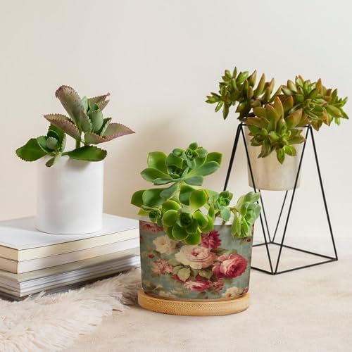 Watercolor Pink Roses Planter Ceramic Romantic Flower Round Flower Pot with Drainage Holes and Bamboo Tray Pot for Pots Outdoor Indoor Plants - Image 4