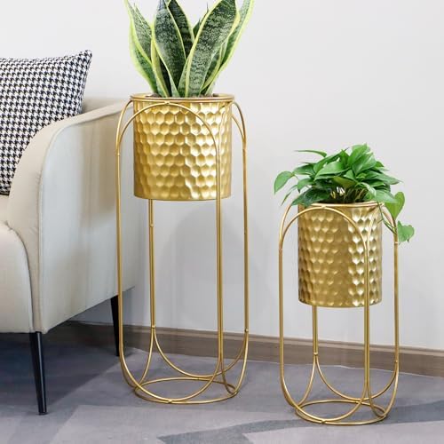 TRIROCKS Set of 2 Planters with Stand Large Gold Planter for Indoor Plants 26 &18" H Morden Plant Pot for Living Room Corner Kitchen Office Garden Balcony Patio Decor(Gold) - Image 5