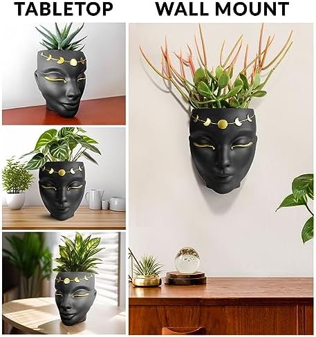 Head Planter - Indoor & Outdoor Home Decor Gifts for Plant Lovers - for Flat Surface or Wall Mount - Unique Face Planter for Flowers, Succulents, & More (7 inch, Luna Design, Black) - Image 2