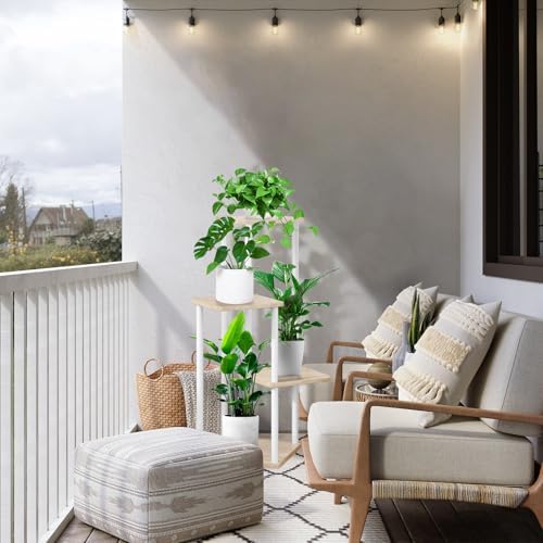 4 Tier Plant Stand Indoor, Thickened Metal Wood Corner Plant Shelf Stands for Multiple Plants, Indoor Tall Plants Stand Tiered Flower Holder for Living Room Patio Garden Balcony(White+Oak) - Image 6