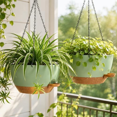 12" Self Watering Hanging Planters with Chains, Green Brown，2 Pack - Image 5