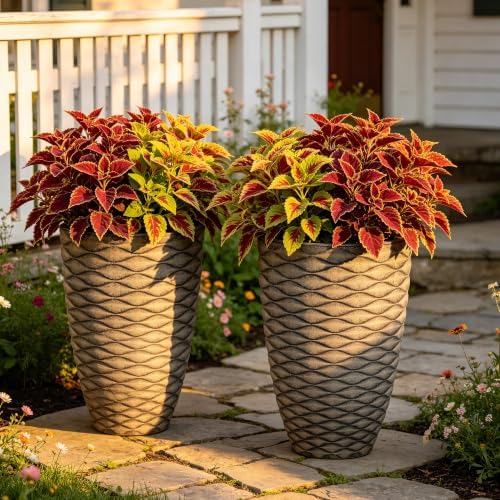 2-Pack 19" Rustic Black Resin Tall Planters with Wave Texture by Ultym