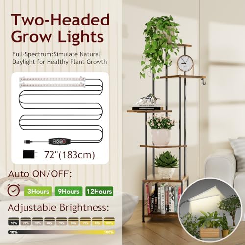 Homsorout Plant Stand Indoor with Grow Light - 6-Tier Metal Plant Shelf with Hanging Basket Hook, Corner Tall Flower Holder for Multiple Plants, Living Room Balcony Garden Patio, Rustic Brown - Image 3