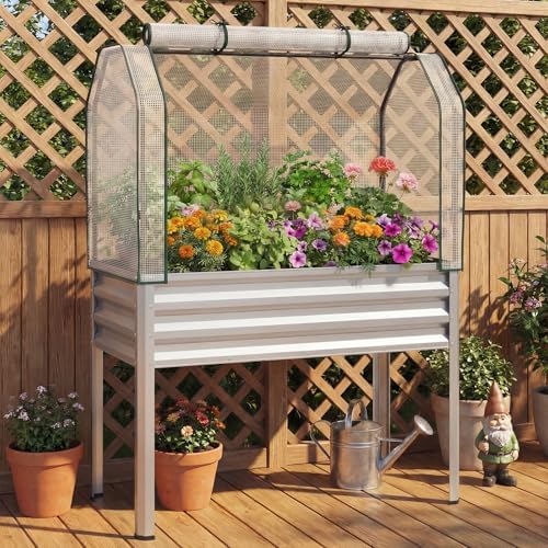 GIANTEX Raised Garden Bed with Legs & Greenhouse Cover, 44x22x60 Elevated Metal Planter Box with Roll-up Door, Outdoor Mini Greenhouse for Vegetable Flower Herb Patio Balcony (Silver,1) - Image 7