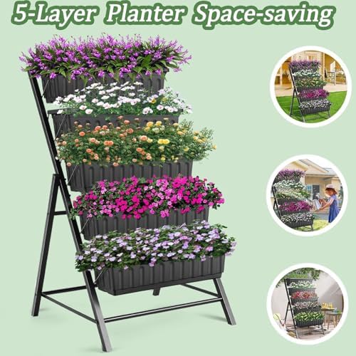 TEANDE 2 Pack Vertical Raised Garden Bed, 5-Tier Elevated Planter Box w/Drainage System & 4 Hooks for Herbs Vegetables Flowers, Vertical Garden Planter for Patio Yard Indoor Outdoor, Black - Image 5