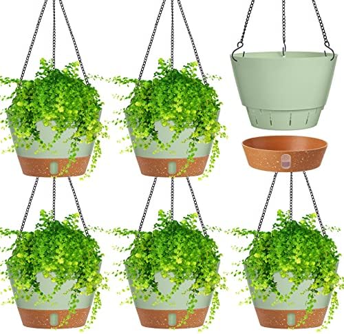 Amyhill 6 Pcs 8 Inch Hanging Planter for Indoor Plants Self Watering Hanging Pot Baskets with Drainage Hole Visible Water Level Tray with Hooks for Garden Outdoor(Green) by Amyhill