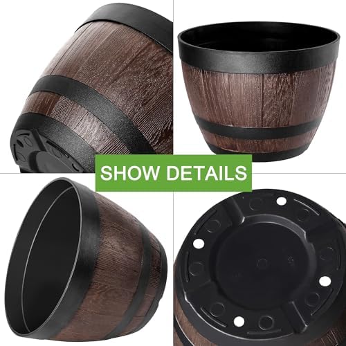 VECELO Plant Pots with Drainage Holes & Saucer, 9 Inch Flower Pots with Tray, 3 Pack Plastic Whiskey Barrel Planters for Indoor & Outdoor Garden Home Plants and Flowers - Image 3