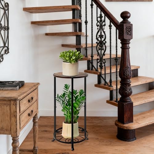 Plant Stand Indoor, 2 Tier Wood Round Potted Holder Rack, 27 " Tall Flower Pot Stand Shelf, Round Supports Plant Stand for Large Plants, Corner Plant Shelf for Balcony Garden Patio Living Room, Brown - Image 6