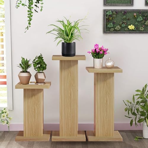Fsbecl 3Pcs Oak Fluted Square Wooden Plant Pedestal Display Stands by Fsbecl