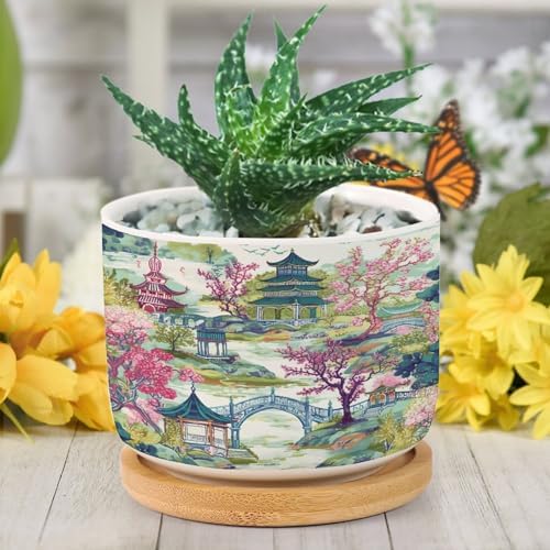 Chinoiserie White Coral Asian Planters Ceramic Chinoiserie Chic Asian Round Flower Pots with Drainage Holes and Bamboo Tray Pot for Home Office Decoration - Image 6