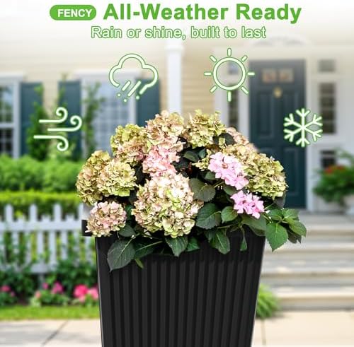 FENCY Set of 2 Tall Planters for Outdoor Plants, Black Ribbed - Image 4