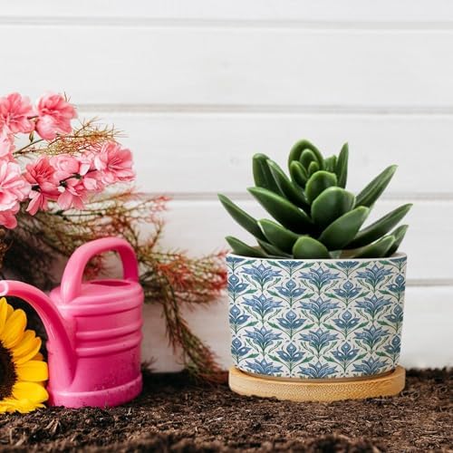 Blue Floral Planter Ceramic Mughal Flower Round Flower Pots with Drainage Holes and Bamboo Tray Pot for Pots Outdoor Indoor Plants - Image 5