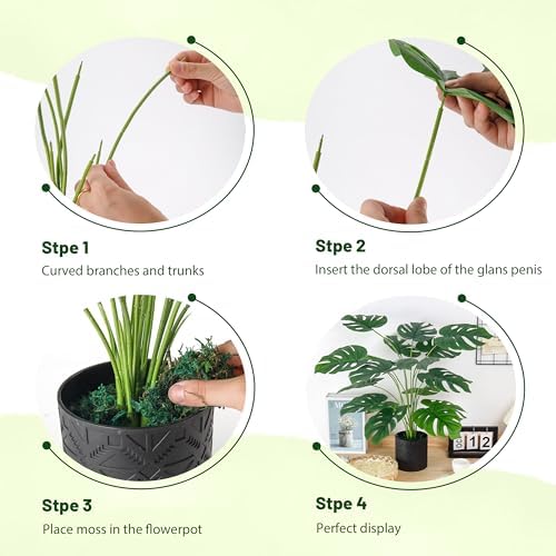 Der Rose 2 Pack 28" Fake Plants, Monstera Plant in Black-and-White Pots - Image 3
