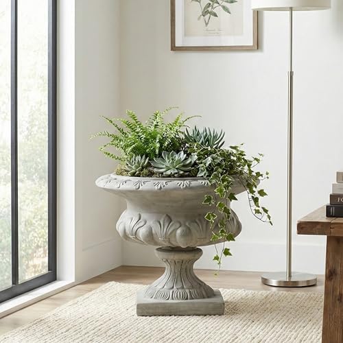 18.5"H Stately Wide Floral-Carved Pedestal Urn Planter – Weather-Resistant MGO Outdoor Flower Pot for Garden, Patio & Front Porch Entrance – Extra-Large Faux Stone Planter with Wide Base (Gray3) - Image 2